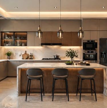 Modern kitchen with a marble waterfall island, pendant lights, and integrated appliances.