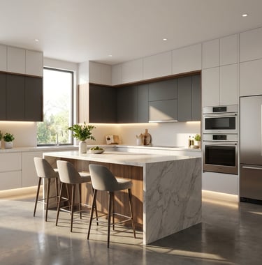 Modern luxury kitchen featuring a marble waterfall island with bar stools and stainless steel appliances.