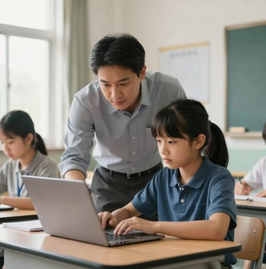 A professional photography shot of a mentor assisting a young student with a laptop in a modern North American classroom, soft morning light, focusing on youth empowerment and education.