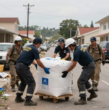 A high-action, professional photo of a disaster relief team unloading supplies in a North American town after a crisis, highlighting timely support and resilience.
