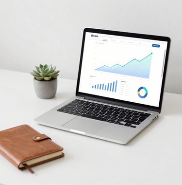 A minimalist, elegant desk setup with a laptop showing a dashboard with growth indicators, a leather notebook, and a small succulent, in a brand-aligned color palette.