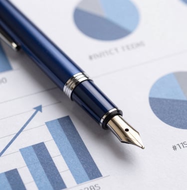 Close-up of a high-end designer pen resting on a strategic report with charts showing positive growth, using a navy (#1A2C3E) and white color scheme.