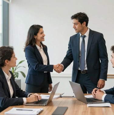 Close-up of two professionals shaking hands in a bright, modern office space, emphasizing partnership and credibility, with soft old-rose and navy tones.