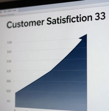 Macro shot of a digital screen showing a 'Customer Satisfaction' metric climbing upwards, color graded with professional navy tones.