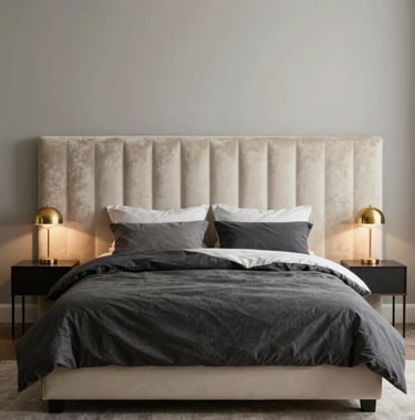 A beautifully staged minimalist bedroom with a large velvet headboard in cream, charcoal bedding, and gold bedside lamps. International / High-end bedroom photography.