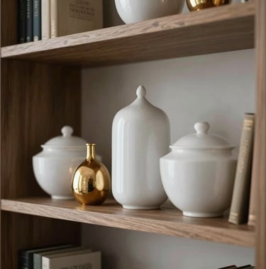 Close-up of an elegant bookshelf styled with minimalist white ceramics and gold decorative objects. International / High-end decor styling.