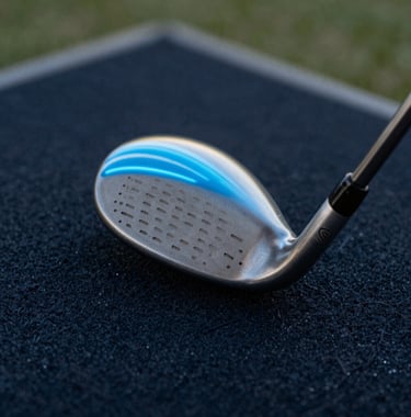 A lifestyle shot of a golf club head resting on a dark navy mat, with the reflection of light blue neon lights on its metallic surface.