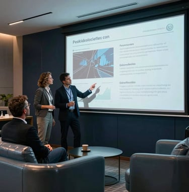 Candid photo of two people discussing performance data on a large screen. They are in a modern lounge with soft steel blue upholstery and dark navy architectural details. The atmosphere is professional yet relaxed.