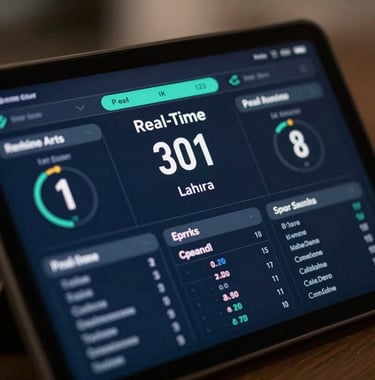 Close-up of a sleek touchscreen interface displaying sports analytics and real-time performance data. The UI features Pearl White text on a Dark Navy Blue background with Muted Teal accents. Soft, cinematic bokeh lighting.