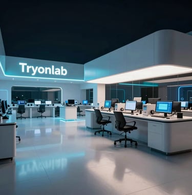 A wide shot of the Tryonlab interior at night. The space is illuminated by cool blue and muted teal LEDs, reflecting off polished off-white floors. It looks like a high-end, futuristic tech hub.