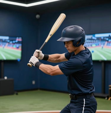 Medium shot of a person swinging a baseball bat in a modern indoor facility. Lighting features Soft Steel Blue highlights. The background shows digital sensors and a Dark Navy Blue wall, emphasizing a tech-driven sports environment.