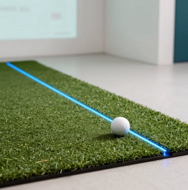 Action shot of a golf ball on a premium synthetic turf mat inside a high-end simulator. A Soft Steel Blue laser tracking line is visible. The environment is clean and modern, using the Pearl White and Muted Teal color palette.