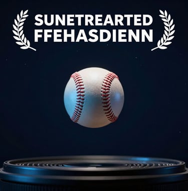 A high-speed photography shot of a baseball mid-air inside a facility, lit by a soft light blue glow against a dark navy background.