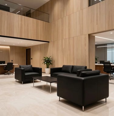 A photography shot of a sleek, modern commercial office lobby designed with warm beige wood paneling and matte black furniture. The space feels expensive and aspirational, reflecting high-end craftsmanship.