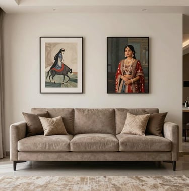 An interior shot of a sophisticated residential living room in Bhopal, featuring a custom taupe sofa, minimalist ivory walls, and curated South Asian art. The composition is clean and balanced, emphasizing luxury in every corner.