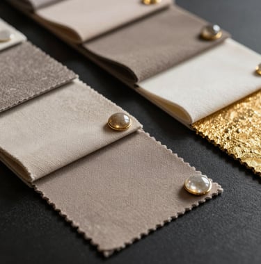 A close-up photography shot of high-end material swatches in taupe, ivory, and gold, arranged elegantly on a dark matte black surface. Soft morning light creates gentle shadows, highlighting the textures of premium fabrics and stones.