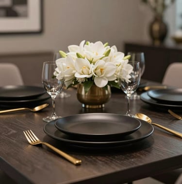 A close-up shot of a luxury dining table setup. It features matte black ceramic plates, gold cutlery, and a centerpiece of exotic white flowers. The background is a softly blurred modern Indian dining room with taupe walls.