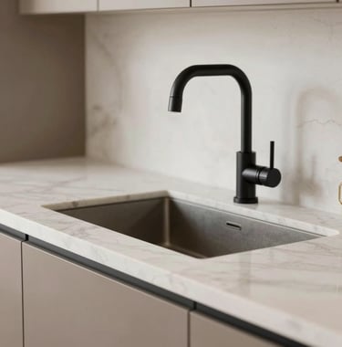 Close-up of a high-end kitchen detail in a South Asian home, showing ivory marble countertops, taupe cabinetry, and sophisticated matte black fixtures.