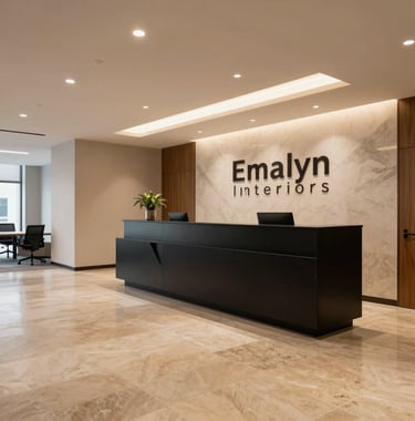 A wide shot of a premium commercial office lobby designed by Emalyn Interiors. Features include a matte black reception desk, warm beige stone flooring, and architectural lighting, shot in a professional South Asian / Indian business district.