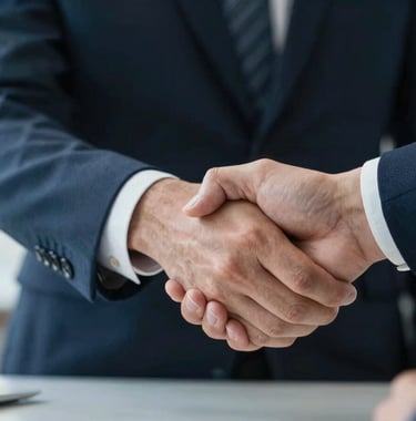 A close-up photograph of a lawyer’s hands shaking a client's hand in a North American / US office setting. The composition is focused on the handshake, symbolizing agreement and trust. Soft lighting with Medium Blue tones.