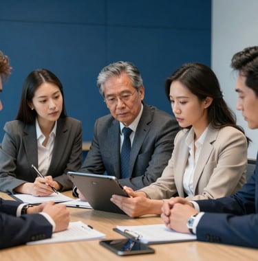 A collaborative team meeting of North American / US legal professionals in a conference room. They are looking at a tablet together, working with focus and purpose. The room features Deep Blue accents.