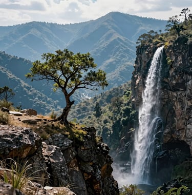 A serene shot of a single tree growing on the cliffside near the petrified falls of Hierve el Agua, framed by the soft blue mountains of Oaxaca, Mexico.