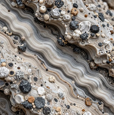 A close-up of the intricate patterns in the petrified wood and mineral deposits at Hierve el Agua. The textures are sharp, showing layers of off-white and charcoal minerals.