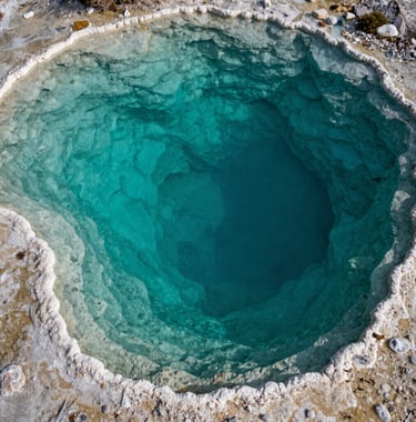 A top-down view of a turquoise mineral pool perched on the edge of a cliff at Hierve el Agua. The water is still and clear, reflecting the off-white stone edges and the deep teal depths.