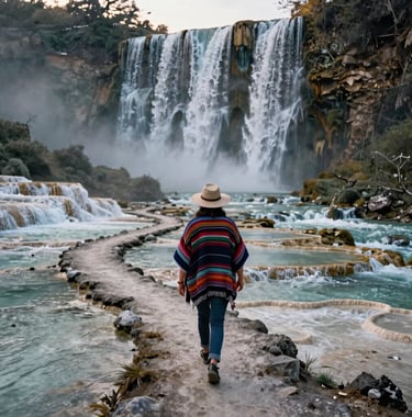 An eye-level shot of a traveler walking along the mineral paths of Hierve el Agua, wearing a sun hat and Oaxacan textiles. The composition captures the vastness of the petrified falls in the background under soft afternoon light.