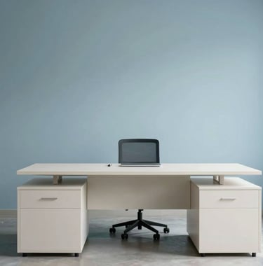 A minimal office interior with light blue walls and off-white furniture, soft lighting, expressing a peaceful and professional mood.