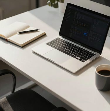 A top-down view of a clean desk with a laptop, notebook, and a coffee mug in a modern Danish design office, soft morning light casting gentle shadows.