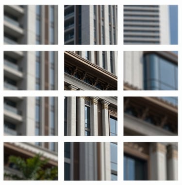 A grid-breaking layout image showing a high-end architectural detail from a modern building in Singapore, blending traditional Southeast Asian motifs with contemporary materials. Sophisticated, clean, and authoritative.