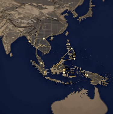 A minimalist map of Southeast Asia rendered in gold lines over a deep navy background, highlighting key financial hubs. Clean, grid-based editorial style.