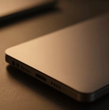 A sleek, close-up shot of high-end technology hardware with warm amber #C0A060 light accents. The lighting is editorial and moody, reflecting a refined approach to software solutions and innovation.