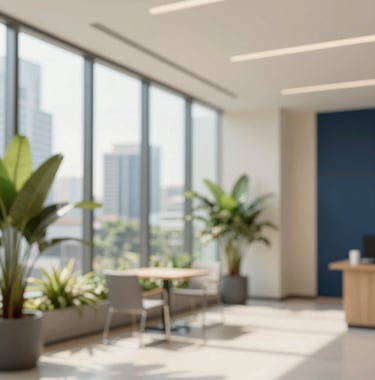 Modern office interior in Bangkok with floor-to-ceiling windows and tropical plants, blending nature with professional sophistication. Use cream #F8F6F1 and navy #1A2B3C.