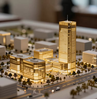 Close-up of a high-end architectural model of a tech campus, lit with warm golden light to symbolize growth and structure. Sophisticated and refined aesthetic.