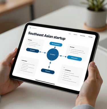 A close-up of a digital tablet displaying a sophisticated project roadmap for a Southeast Asian startup, held by a professional in a modern office. The color palette includes #1A2B3C and #658BA3 accents, with soft, warm lighting.