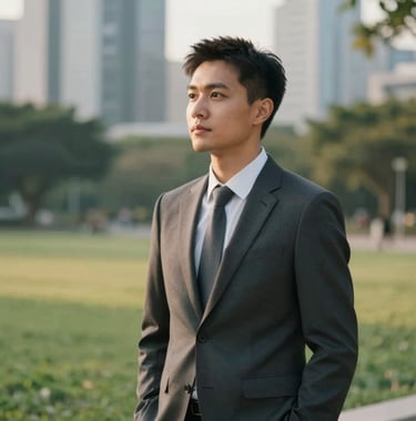 A professional portrait of a business strategist overlooking a modern urban park in Southeast Asia, captured in a modern editorial style. The lighting is warm and approachable, conveying the brand's sophisticated but grounded tone.