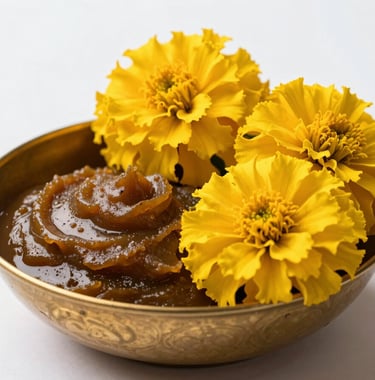 Macro shot of fresh yellow marigold flowers and sandalwood paste in an elegant Indian brass bowl.