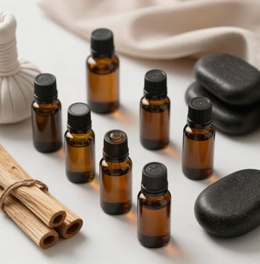 Overhead shot of luxury aromatherapy oils, massage stones, and sandalwood sticks on a clean white surface with beige silk cloth.