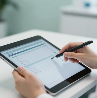 A close-up photograph of a medical professional's hands carefully holding a digital tablet displaying health data, in a clean and modern North American office. The focus is on the technology and the professional touch, with soft green and white tones in the background.