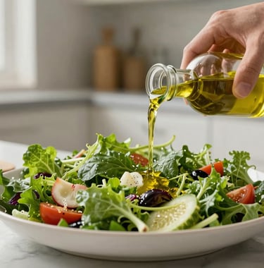 A high-quality photography shot of a healthy, vibrant salad being prepared in a bright North American kitchen. The focus is on fresh green vegetables and a hand drizzling olive oil. Lighting is natural and crisp, highlighting the textures of the food.