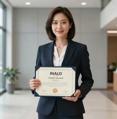 A lifestyle photograph of a professional woman proudly holding an official certificate from INALO. She is standing in a brightly lit, modern hall with Neutral Gray walls.