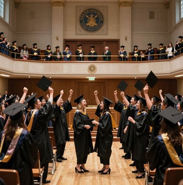 A wide shot of a graduation ceremony at a prestigious university hall. Graduates are celebrating with a sense of accomplishment. The lighting is warm and celebratory.