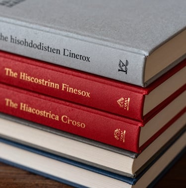 Close-up of a stack of professionally published books in indigenous languages, showcasing elegant typography on the spines. Colors: Crimson Red and Neutral Gray.