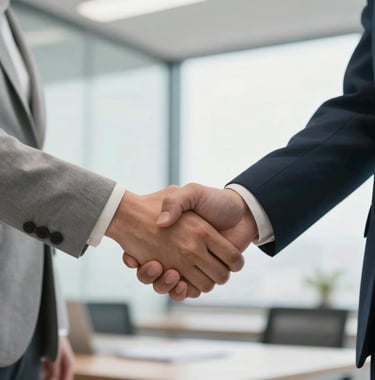 A professional handshake between two people in business casual attire in a bright office, symbolizing a partnership built on integrity and transparency.