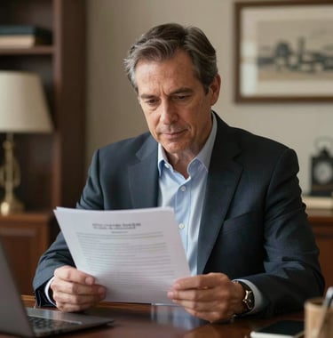 A focused shot of a professional North American man in his 60s looking at a financial document with a calm expression, in a warmly lit, upscale home office environment.