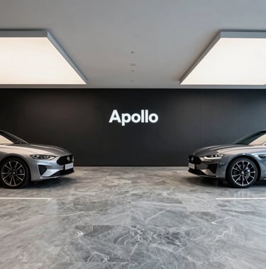 An architectural shot of the Apollo showroom. The floor is polished Misty Slate stone, the walls are Deep Obsidian, and the ceiling features minimalist Soft Frost linear lighting. Two luxury cars are positioned symmetrically in the space.