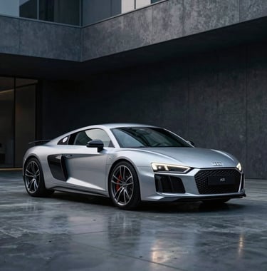 A minimalist, low-angle shot of a silver Audi R8 parked in a dark, modern architectural space with polished concrete floors. Lighting is cool and atmospheric, highlighting the sharp lines of the car with steel blue and platinum white tones.