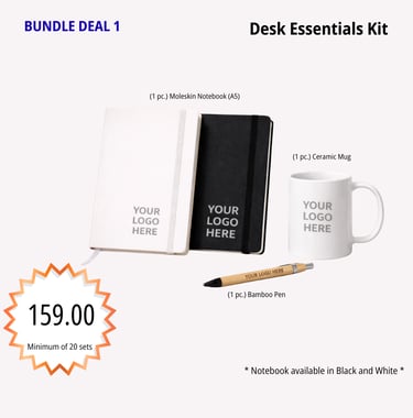 Personalized desk essential kit with notebook, bamboo pen, and custom mug for corporate bundle deals